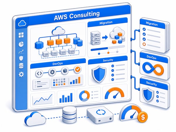 Cloud operations dashboard with architecture blocks, migration plan, CI/CD automation, security guardrails, monitoring, backup path, and cost-control gauge