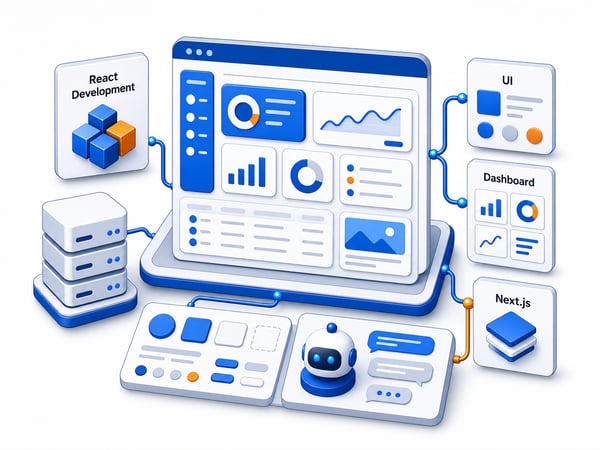 React development workspace showing component-driven UI, dashboard widgets, portal screens, app shell, design system blocks, and AI user experience panel