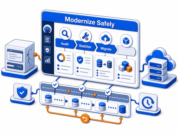 Legacy modernization roadmap with old system block moving through audit, refactor, data migration, cloud deployment, rollback checkpoint, and stable modern product release