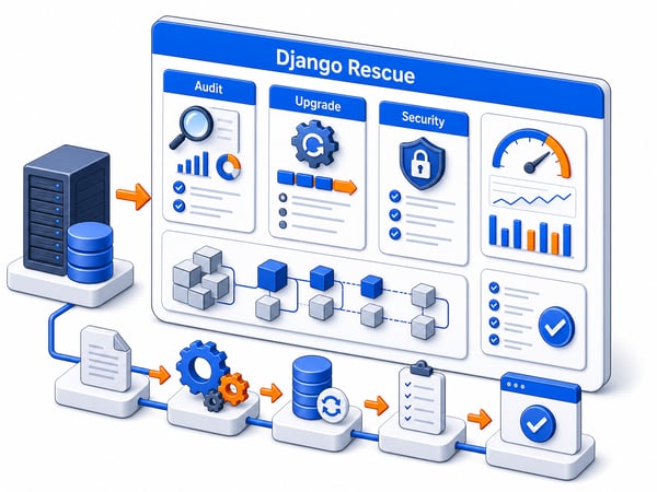 Web application audit console showing an older codebase being reviewed, upgraded, security hardened, performance tuned, wrapped with tests, and staged for deployment