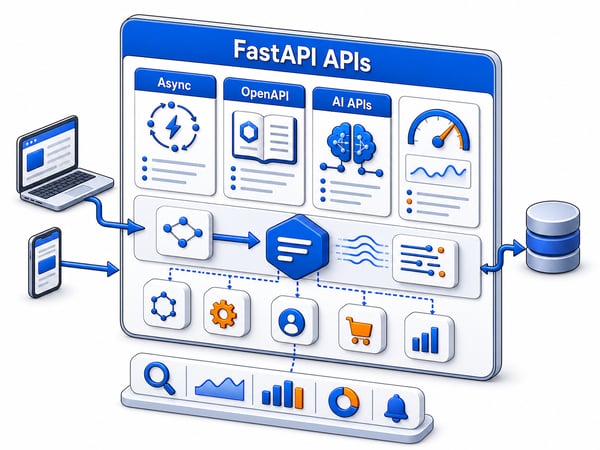 FastAPI service layer showing typed endpoints, OpenAPI documentation, async services, AI APIs, streaming responses, observability, frontend, and database