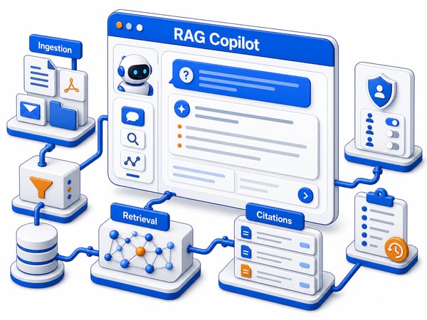 Private RAG knowledge copilot showing document ingestion, retrieval, citations, permissions, and audit trail