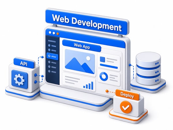 Web development dashboard showing a web app, API, database, deployment, and accessibility modules connected for production delivery