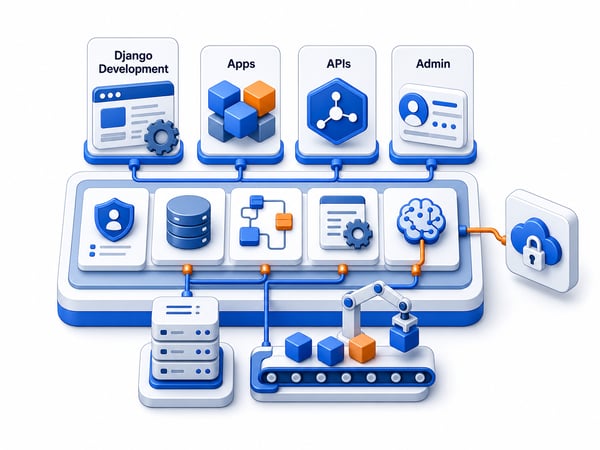 Django development platform showing apps, APIs, admin console, role-based access, relational data, background jobs, and secure deployment