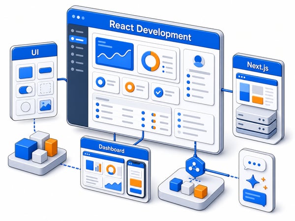 React product UI workspace showing dashboard widgets, portal screens, server-rendered app shell, design system blocks, AI UX panel, and backend APIs