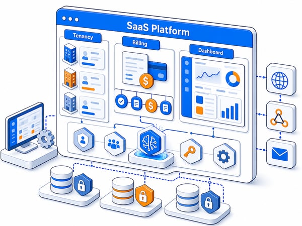 Multi-tenant SaaS control center showing tenant spaces, subscription billing, customer dashboard, admin console, API webhooks, role permissions, data isolation, and AI feature