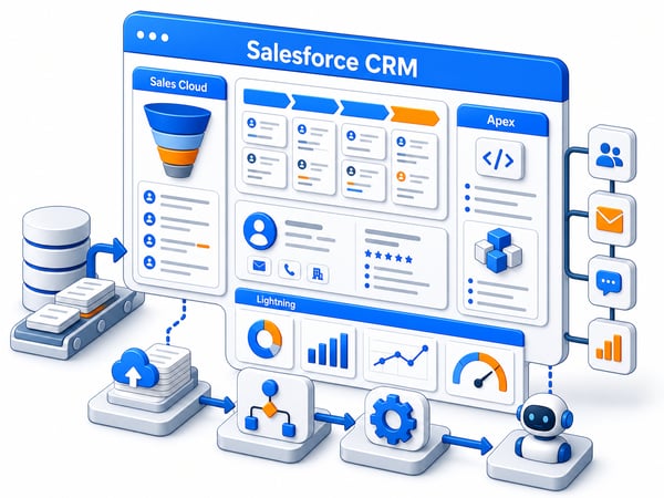 Salesforce CRM command center showing sales pipeline, customer records, automation, Apex, Lightning, integrations, and AI workflow