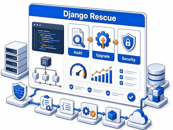 Django modernization control panel with code audit, dependency upgrade path, database tuning, security hardening, performance gauge, and safe staged release plan