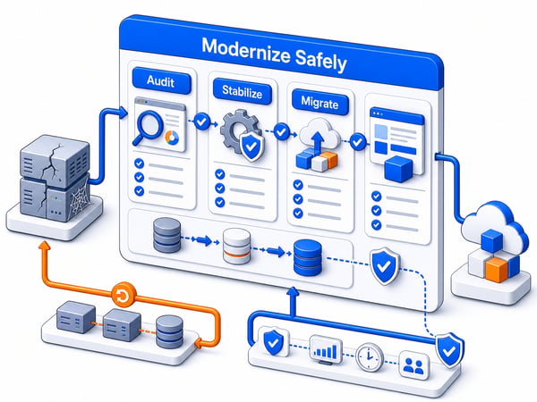 Legacy system modernization workflow showing audit, stabilization, migration, and cloud cutover
