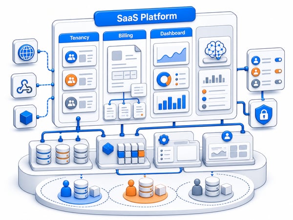 Multi-tenant SaaS control center with tenant spaces, subscription billing engine, customer dashboard, admin console, API webhooks, role permissions, data isolation blocks, and tenant-grounded AI feature