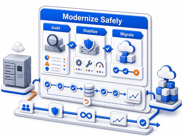 Modernization control tower showing audit, stabilization, phased migration, rollback path, database migration, and validation checkpoints
