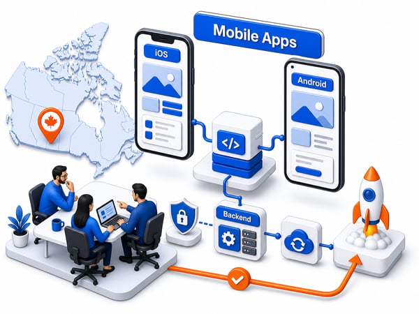 Two floating smartphone screens connected to a shared codebase block, backend API, privacy shield, push sync path, and app release workflow