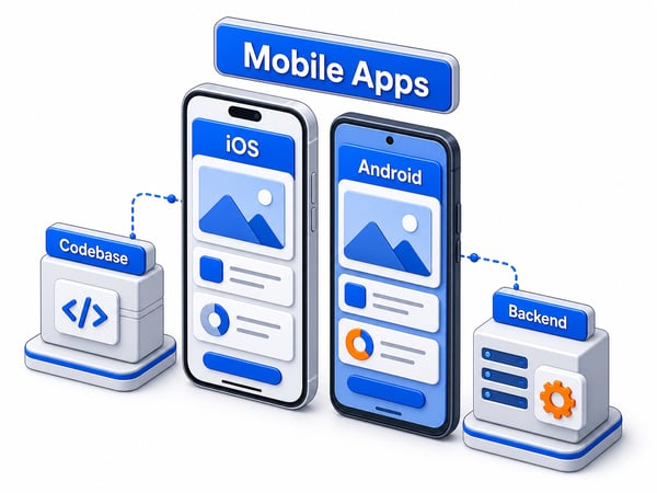 Mobile app development workspace showing iOS, Android, shared code, backend, and app store release modules connected