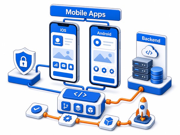 Mobile app delivery workspace with iOS and Android product screens, shared backend API, app store launch path, push notification module, analytics chart, and secure cloud sync