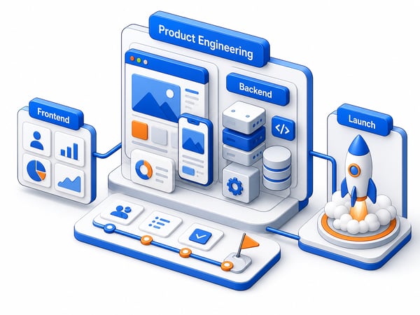 Product engineering workspace showing frontend, backend, roadmap, SaaS dashboard, portals, and launch ownership