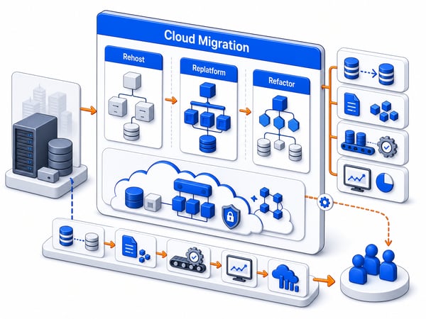 Cloud migration architecture board showing an application moving from legacy hosting into secure cloud infrastructure with data replication, infrastructure as code, CI/CD, monitoring, cost optimization, and low-downtime cutover