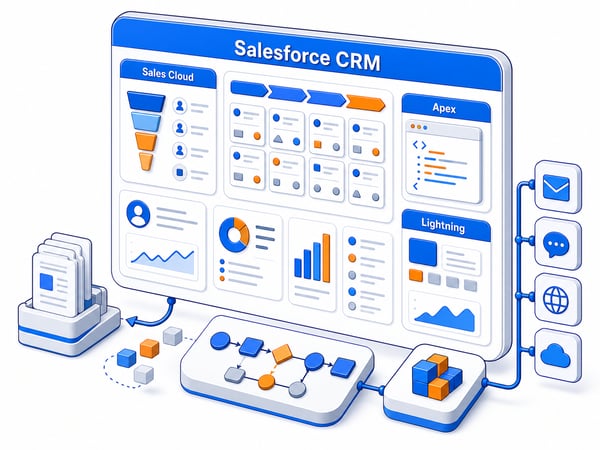 Generic CRM command center with sales pipeline records, customer profile cards, automation flow, custom development blocks, data migration path, integration connectors, and AI agent workflow