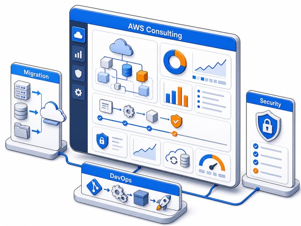 AWS cloud operations dashboard showing migration planning, DevOps automation, security guardrails, monitoring, backup, and cost control