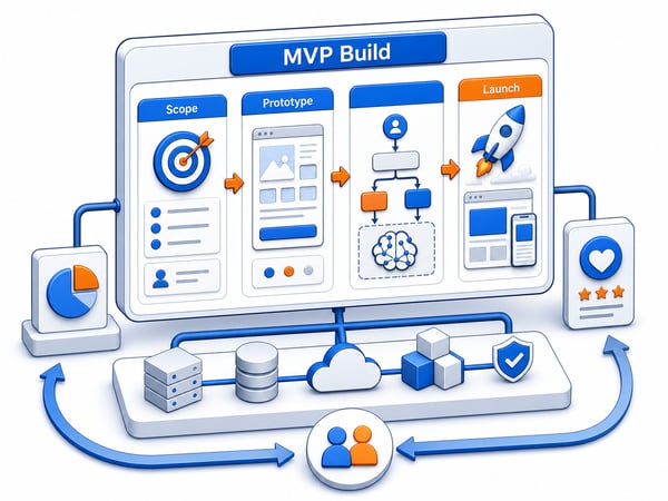 MVP launch workspace where a focused product slice moves from scoping to prototype to launched web or mobile product with core user flow, optional AI feature block, feedback loop, and scalable foundation blocks