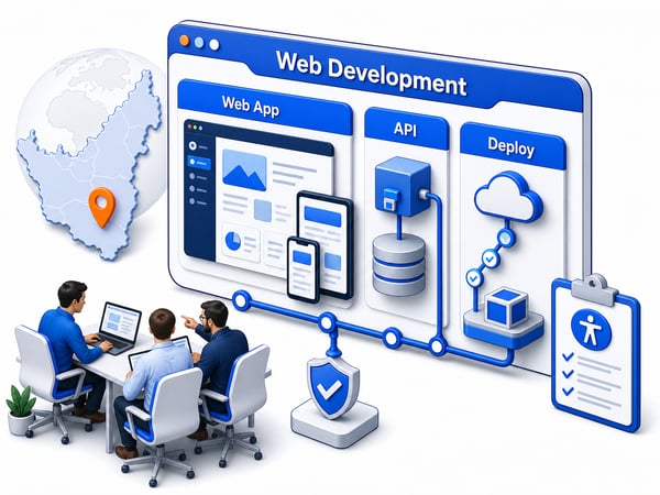 Browser-based web application with dashboard, responsive preview, API layer, database block, deployment pipeline, and accessibility check surface