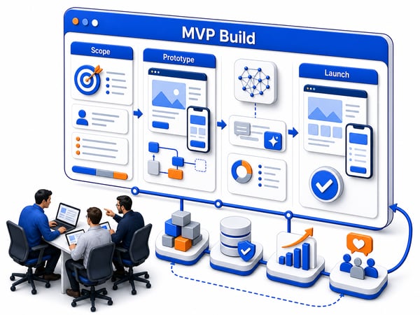 Startup MVP launch board with product roadmap, first user flow, web app screen, mobile app screen, validation checklist, analytics signal, investor demo deck, and technical foundation blocks