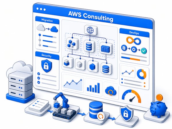 AWS consulting cloud operations dashboard showing migration, DevOps, security, monitoring, and cost control