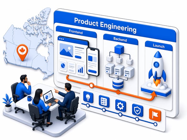Full-stack product workspace showing customer-facing screens, backend service blocks, product roadmap lane, launch path, dashboards, portals, SaaS features, and production release ownership