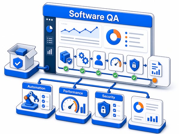 Release-quality dashboard with verified build package moving through a QA pipeline, automated test gates, manual review, load testing gauge, security validation, regression coverage, and test report cards