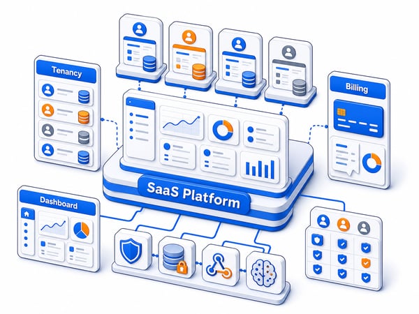 Multi-tenant SaaS control center with tenant spaces, subscription billing engine, customer dashboard, admin console, API webhooks, role permissions, data isolation blocks, and tenant-grounded AI feature