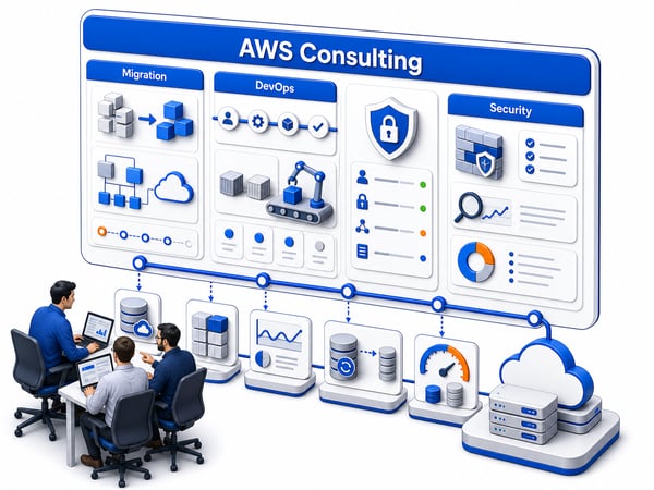 Cloud operations dashboard with generic cloud architecture blocks, migration plan, CI/CD automation, security guardrails, monitoring, backup path, and cost-control gauge