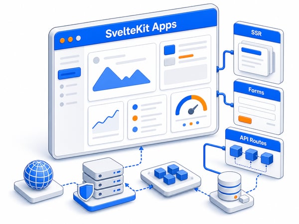 High-performance web app surface showing server-rendered pages, form action flow, API route blocks, database tile, edge deployment path, and Core Web Vitals gauge