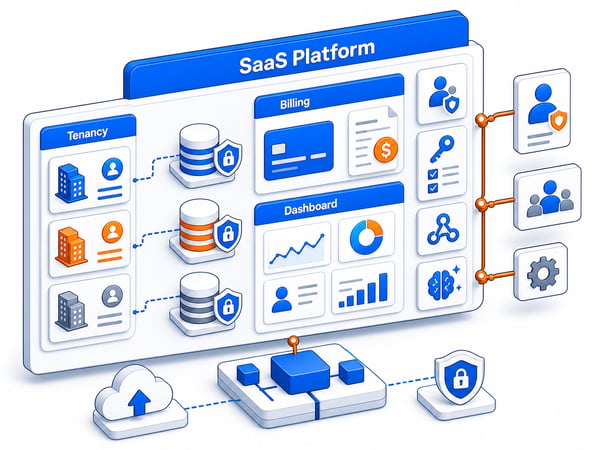 Multi-tenant SaaS control center showing tenant spaces, billing, dashboard, APIs, permissions, and data isolation
