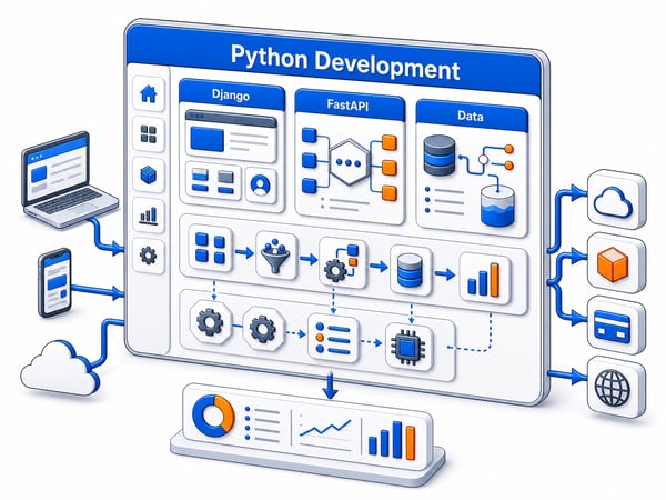 Python backend engineering workbench showing Django, FastAPI, data pipelines, AI backend nodes, automation workers, and integrations