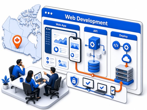 Browser-based web application dashboard with responsive preview, API layer, database block, deployment pipeline, accessibility check surface, portals, and secure production hosting