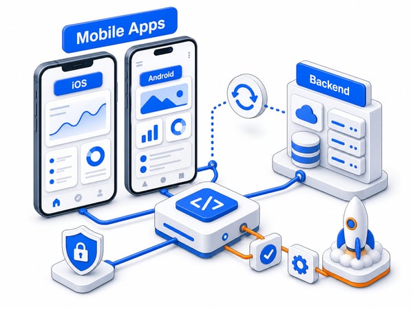 UK mobile app showing smartphones, backend API, privacy shield, and release workflow