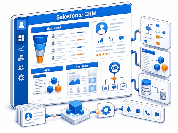 Generic CRM command center with sales pipeline records, customer profile cards, automation flow, custom development blocks, data migration path, integration connectors, and AI agent workflow