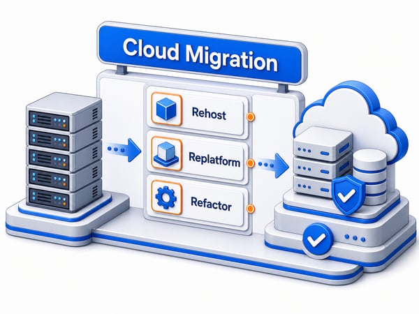 Cloud migration architecture board showing application migration, data replication, infrastructure as code, CI/CD, monitoring, and low-downtime cutover