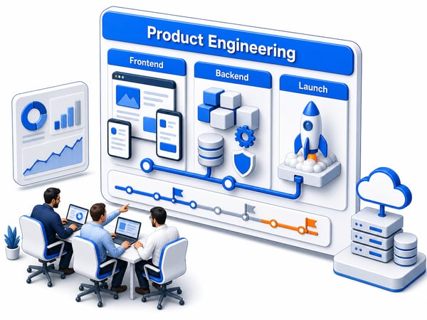Full-stack product workspace with layered customer-facing screens, backend service blocks, product roadmap lane, and launch path for dashboards, portals, SaaS features, and production release ownership
