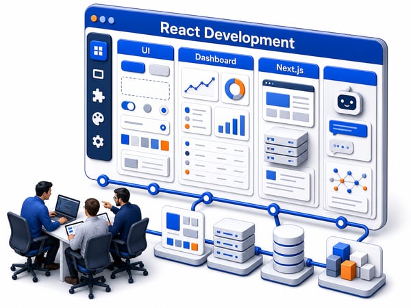 Component-driven product UI workspace with dashboard widgets, portal screens, server-rendered app shell, design-system blocks, and AI user experience panel connected to backend APIs
