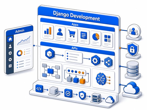 Data-rich web application platform with admin console, API layer, role-based access controls, relational data model, background jobs, AI feature connector, and secure deployment path