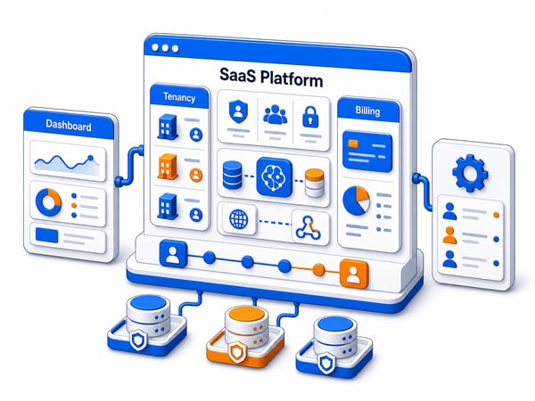 Multi-tenant SaaS control center showing tenancy, billing, dashboard, APIs, and AI features