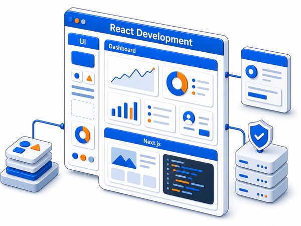 Component-driven product UI workspace with dashboard widgets, portal screens, server-rendered app shell, design-system blocks, and AI user experience panel connected to backend APIs