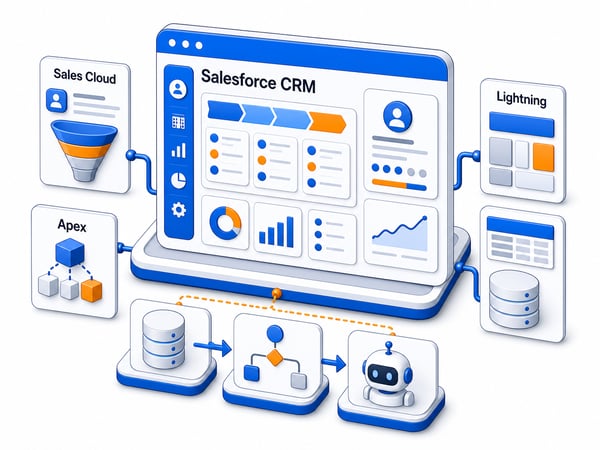 Salesforce CRM command center showing sales records, customer profiles, automation, custom development, integrations, and AI workflow