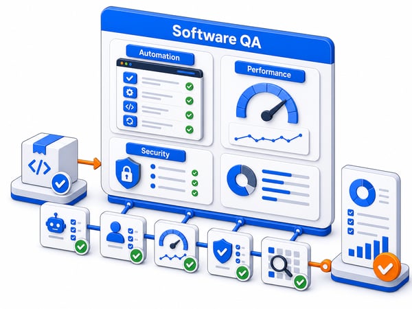QA dashboard with software testing gates, performance checks, security review, and automation workflow