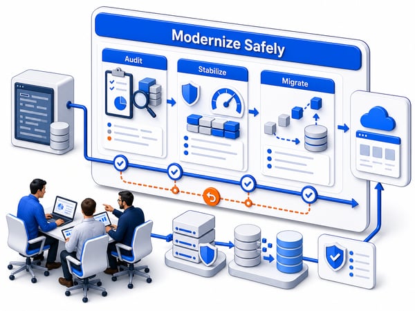 Modernization control tower where an aging application is assessed, stabilized, migrated in phases, and rebuilt only where needed with validation checkpoints, rollback path, database migration, and continuity lane
