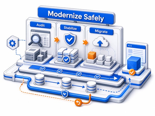 Modernization control dashboard showing audit, stabilization, migration, rebuild, validation, and rollback paths