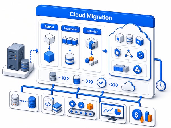 Cloud migration workflow showing infrastructure, containers, databases, CI/CD, and AWS London residency