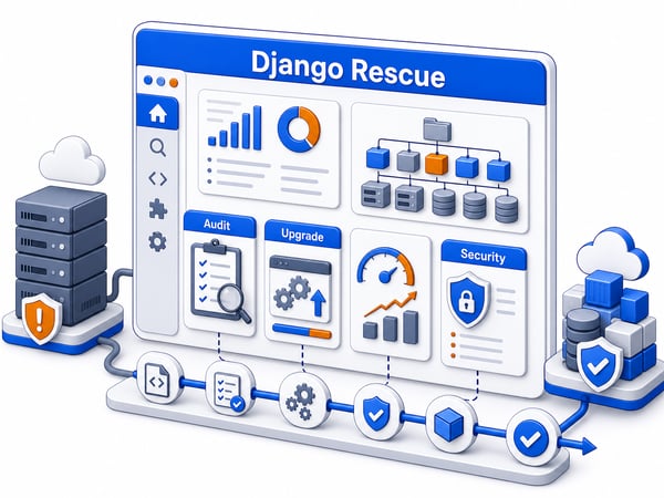 Django rescue audit console showing upgrade, security hardening, performance tuning, tests, dependency chains, and staged deployment