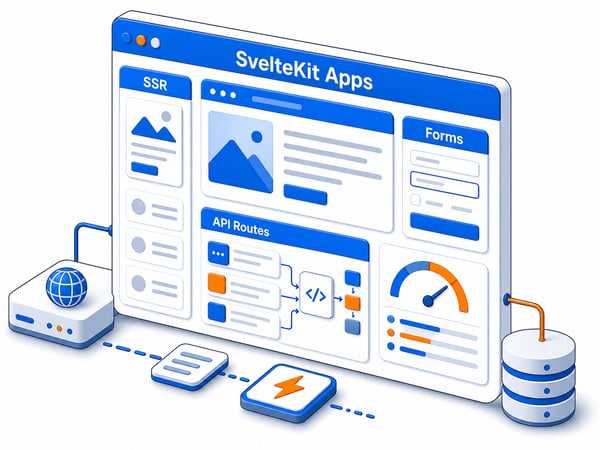 High-performance web app surface with server-rendered pages, form action flow, API route blocks, database tile, edge deployment path, and Core Web Vitals gauge
