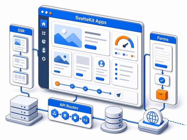 SvelteKit web app surface showing SSR pages, form actions, API routes, database tile, edge deployment path, and Core Web Vitals gauge
